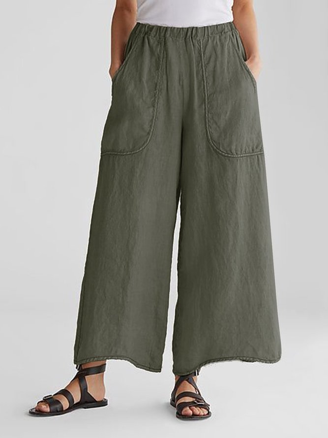 Women Casual Linen Cotton Pants Soild Plain Pockets Cotton Bottoms