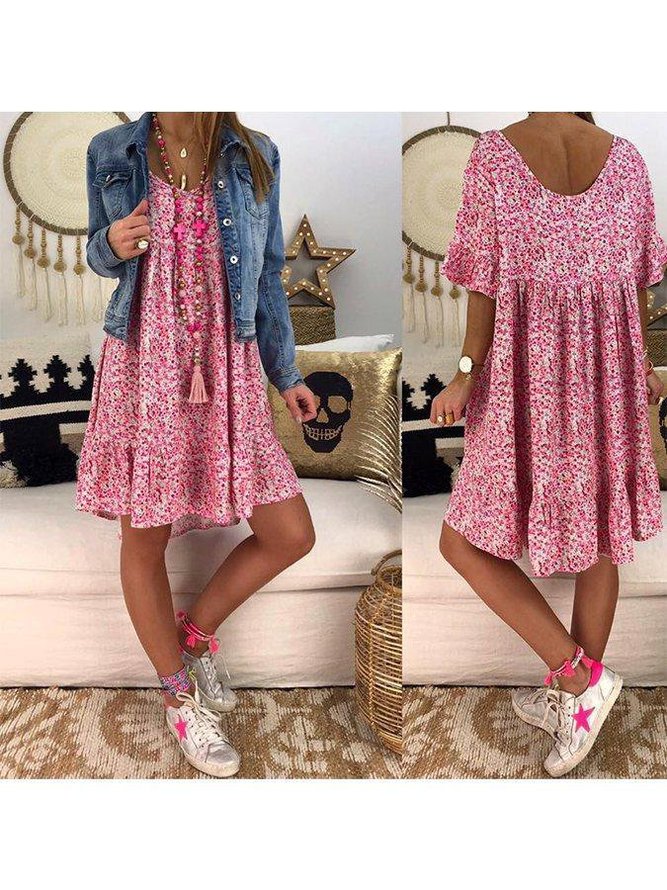 Red Floral Casual Short Sleeve Ruffled Weaving Dress