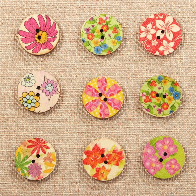100 Pcs Flower Wooden Buttons Round Colorful Washable Decorative Sewing Buttons Handcraft Supplies