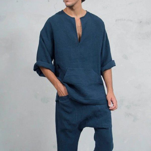 Spring & Summer Men's Casual Solid Color Plus Size Long Sleeve Linen ...