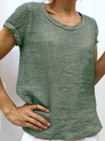 Women Casual Linen Cotton Plain Short Sleeve Blouse