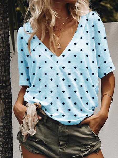 Short Sleeve V Neck Polka Dots T-shirt