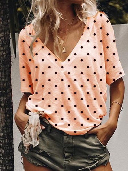 Short Sleeve V Neck Polka Dots T-shirt