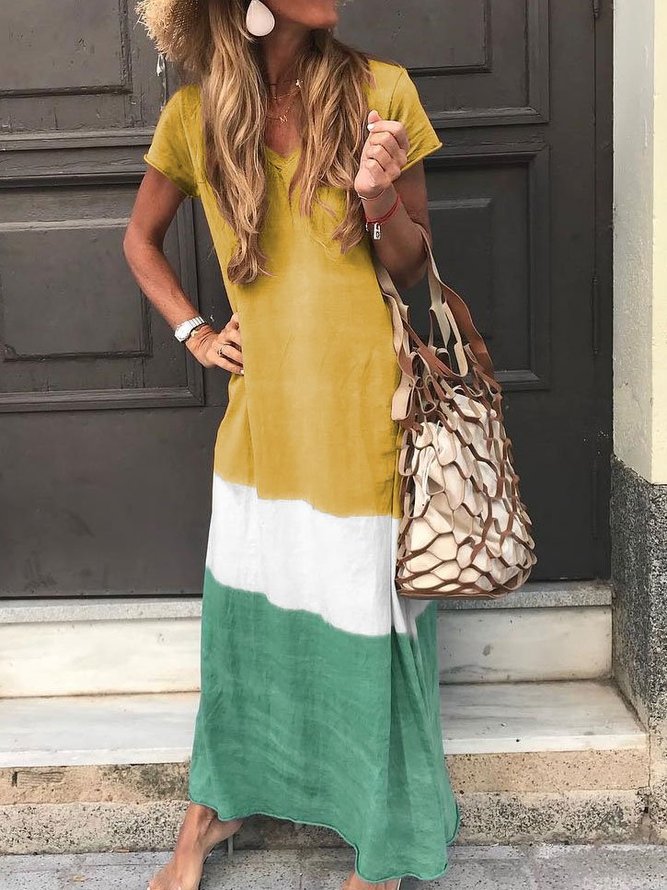 Women Casual Striped Short Sleeve V Neck Maxi Dresses Dresses Zolucky Sundress 1 Casual