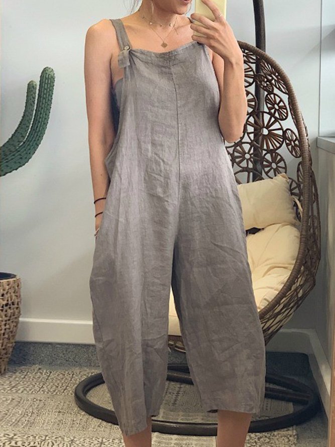 zolucky Plus Size Linen Solid Women Jumpsuits With Pockets Bottoms