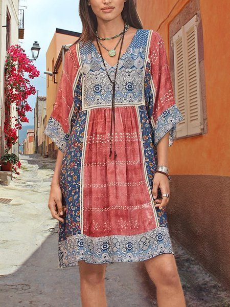 Women Half Sleeve V-Neck Vintage Floral Casual Midi Dress-Zolucky