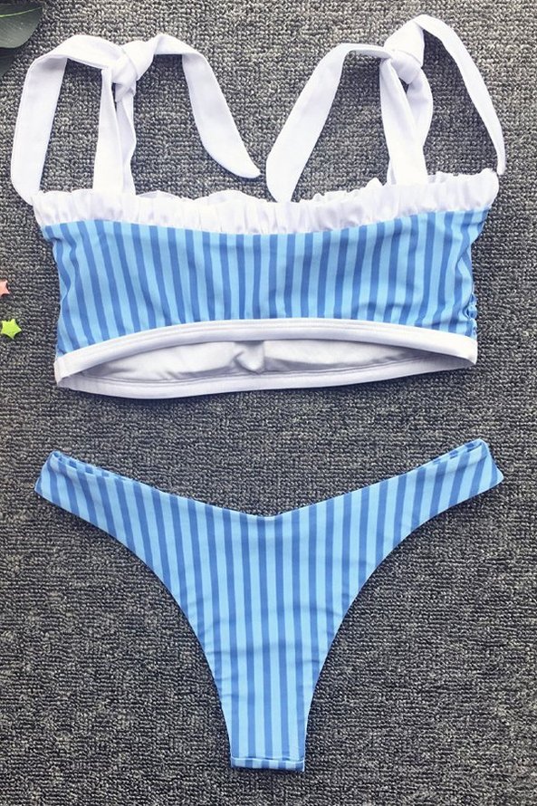 Blue Striped Tie Up Smocked Bikini Set | Swimwear | Zolucky Swimwear ...