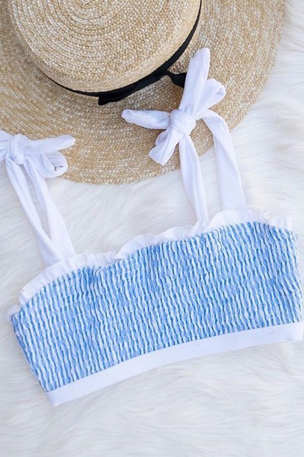 Blue Striped Tie Up Smocked Bikini Set | Swimwear | Zolucky Swimwear ...