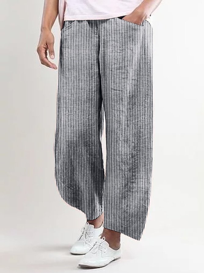 Plus Size Striped Pants Pockets Shift Casual Capri Pants | zolucky