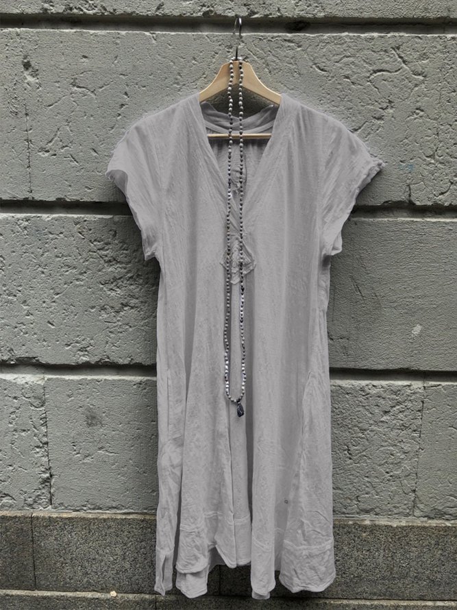 V Neck Solid Short Sleeve Weaving Dress