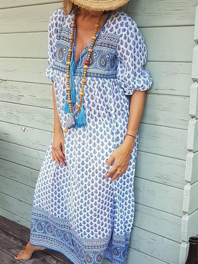 zolucky Floral V Neck Half Sleeve Cotton Dresses zolucky