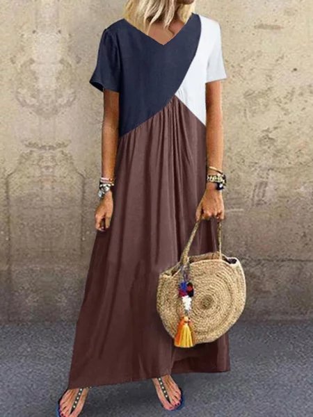 Women Casual Solid Color Cotton V Neck Maxi Dress