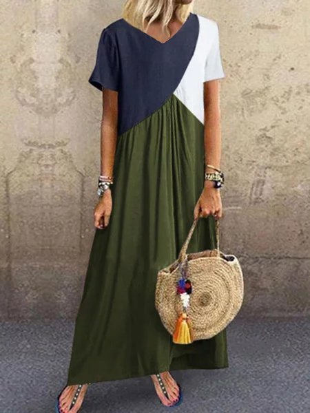 Women Casual Solid Color Cotton V Neck Maxi Dress