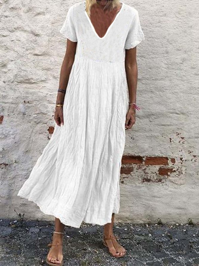 Zolucky Woman Short Sleeve Cotton-Blend V Neck Plain Casual Dresses ...