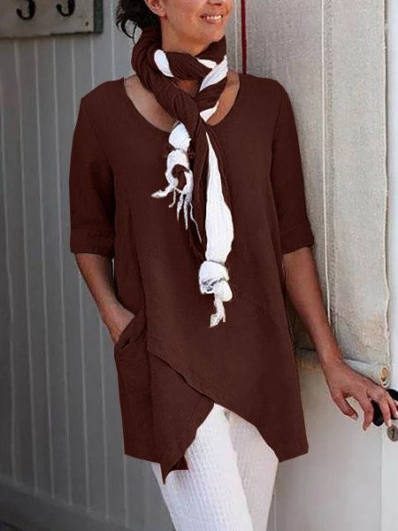 Women Vintage Solid Color Linen Half Sleeve Asymmetrical Blouse