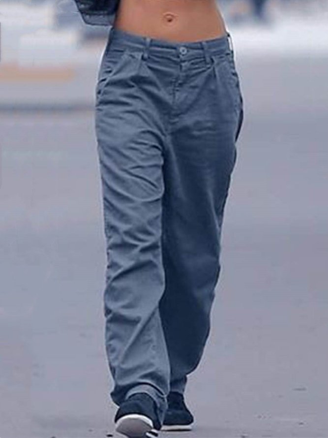 Women Casual Plain Pockets Low Rise Pants