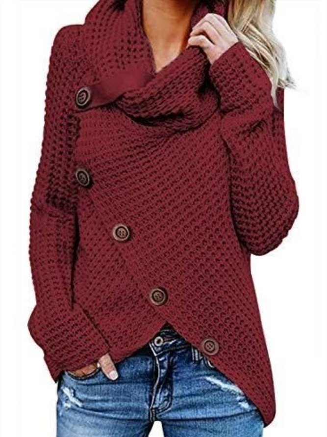 Casual Turtleneck Asymmetrical Buttoned Plain Long Sleeve Sweater