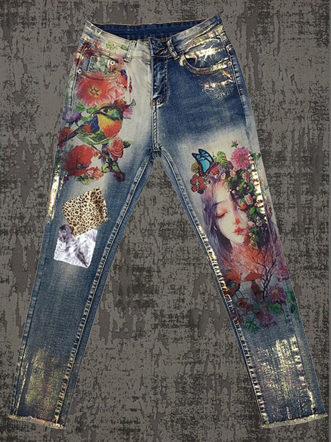 Women's Casual Abstract Printed Denim Trousers