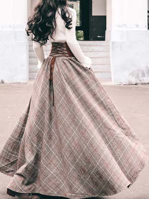 Gray Checkered/plaid Cotton-Blend Drawstring Casual Skirt