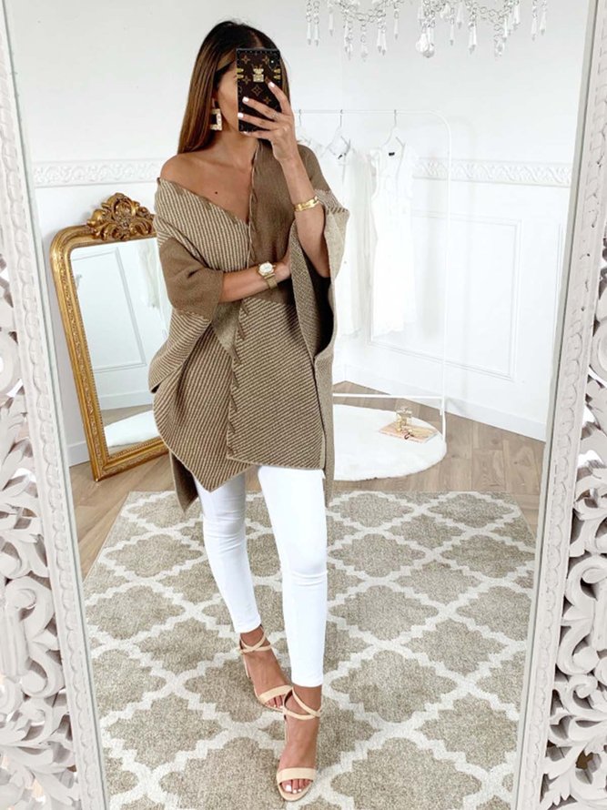 Khaki Casual  Knitted V Neck Sweaters