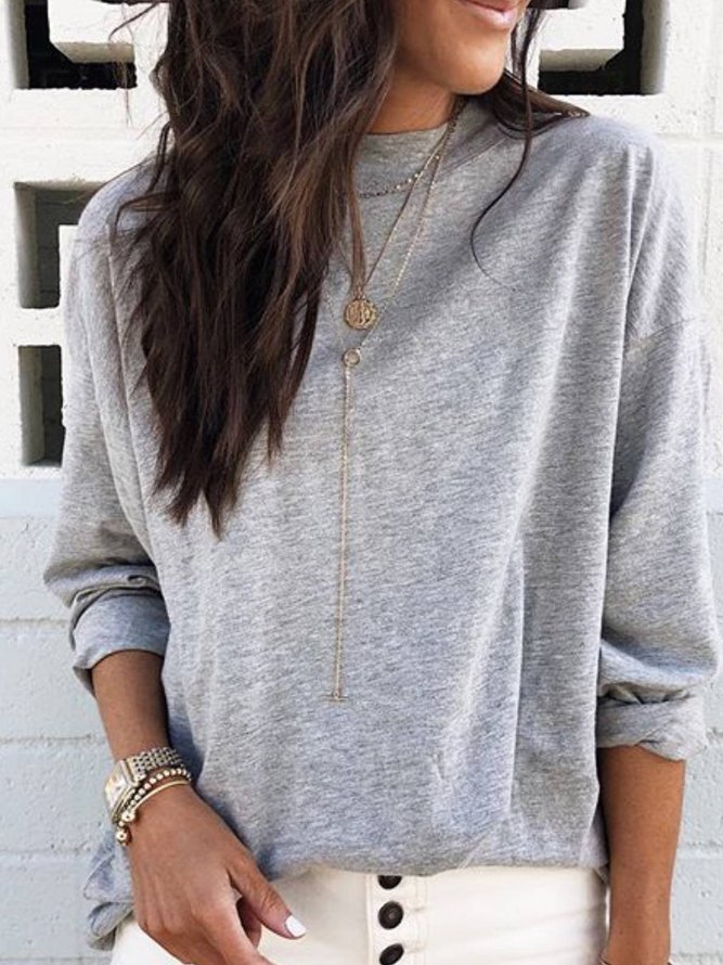 Crew Neck Long Sleeve Plain Cotton Shirts & Tops | zolucky