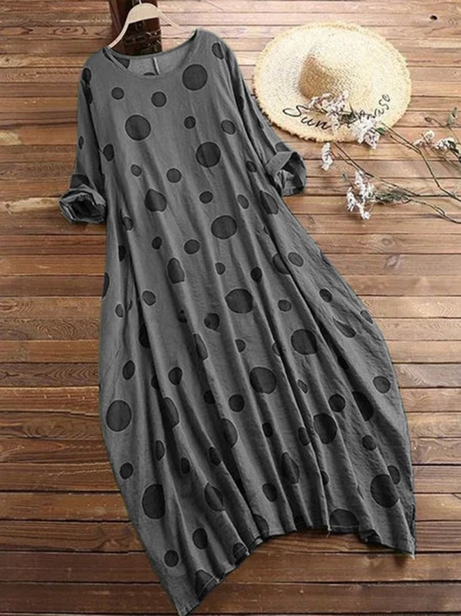 zolucky Plus Size Polka Dots Long Sleeve Crew Neck Vintage Casual Weaving Dress