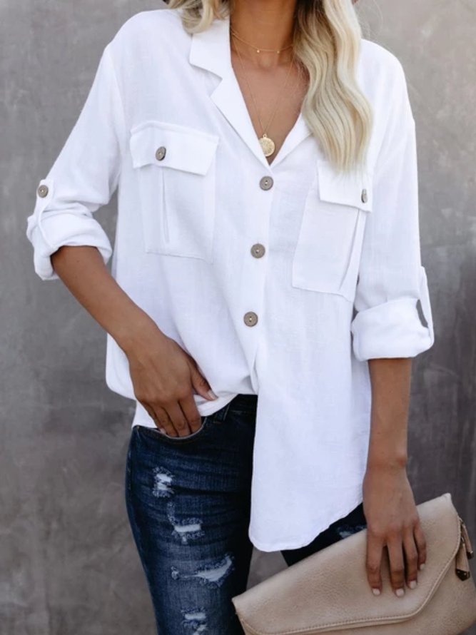 zolucky White Solid Long Sleeve Buttoned Cotton-Blend Blouse