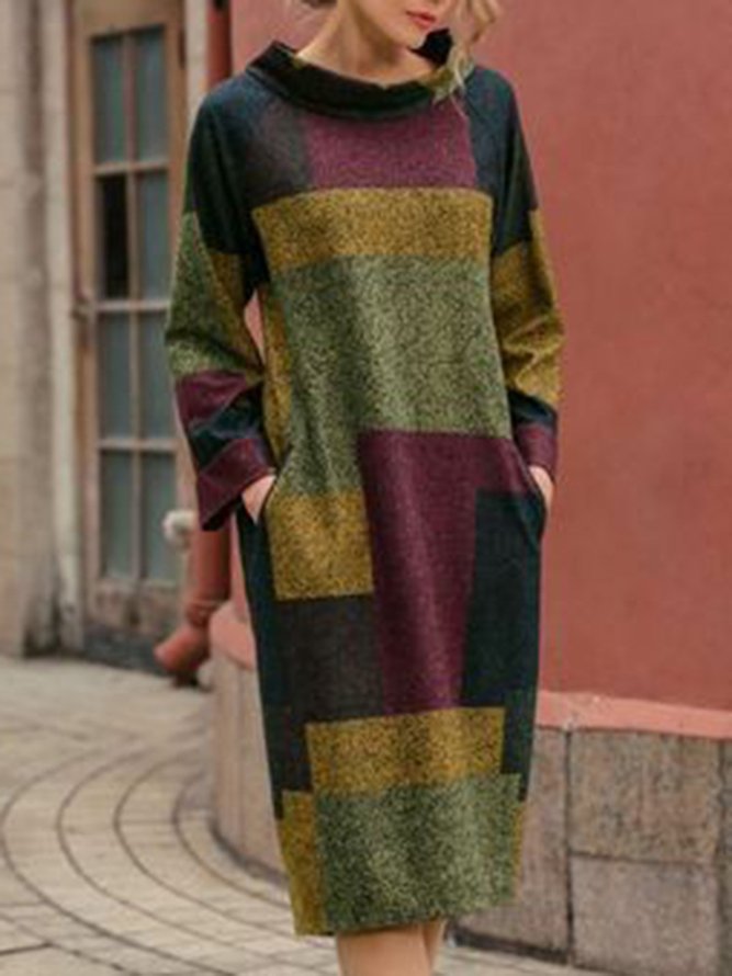 Women Pockets Stand Collar Geometric Sweater Dress