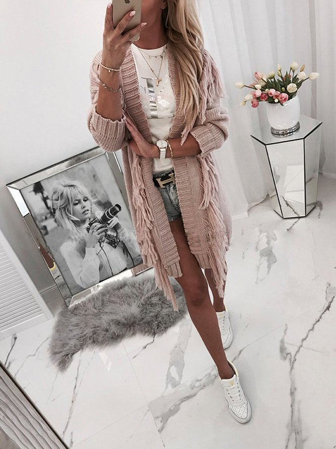 Pink Plain Casual Knitted Long Sleeve Tassel Cardigans