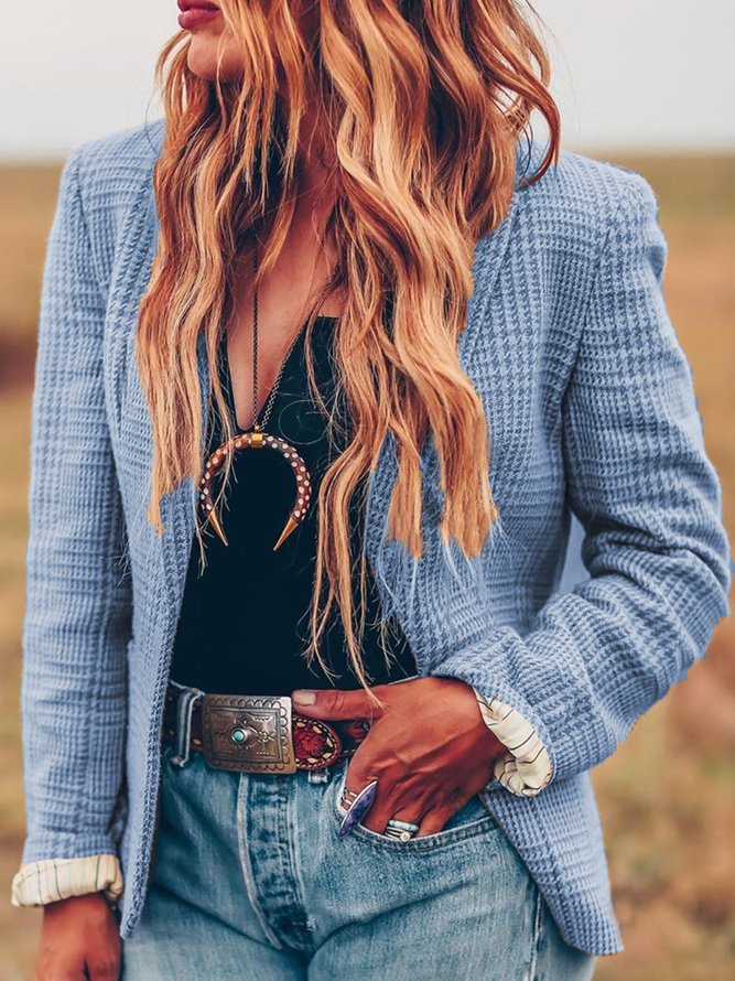 Casual Long Sleeve Checkered/plaid Knit coat