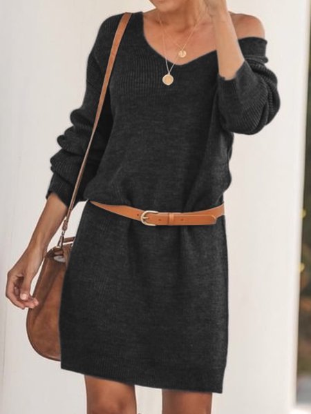 Knitted Long Sleeve Solid Knitting Dress