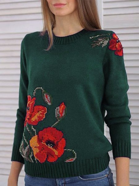 Crew Neck Floral Long Sleeve Knitwear & Sweater