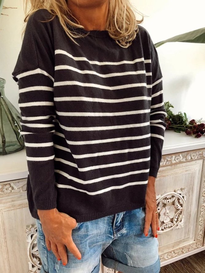 Striped Long Sleeve Crew Neck Knitted Sweater