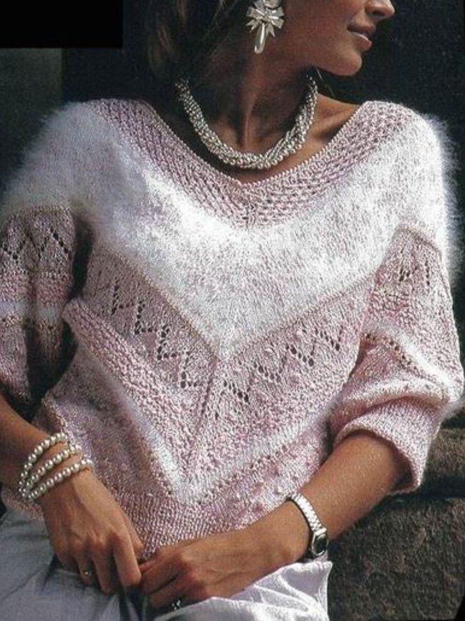 V Neck Plain Color-Block Casual Sweater