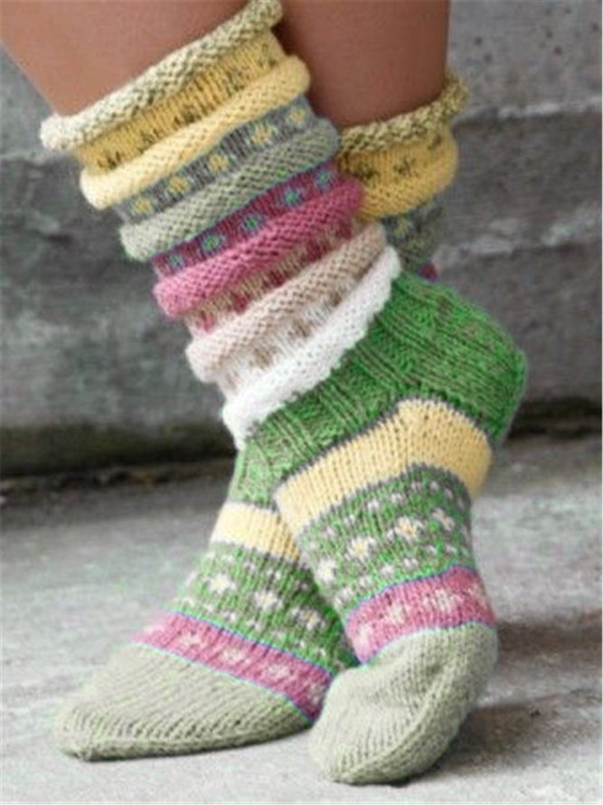 Zolucky Women Casual Color Block Vintage Striped Breathable Wool Knit Floor Socks