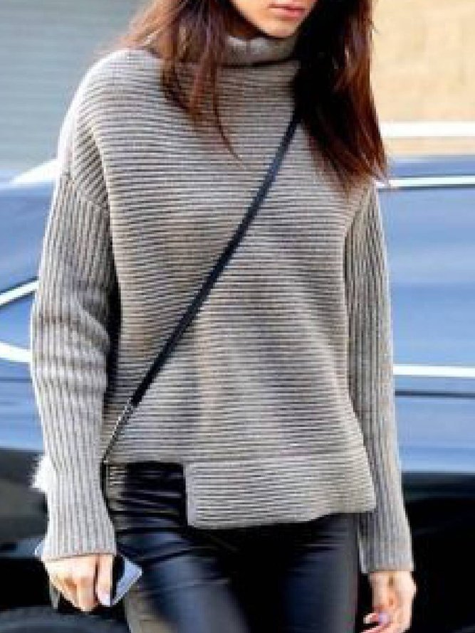 Khaki Asymmetric Long Sleeve Knitted Plain Sweater