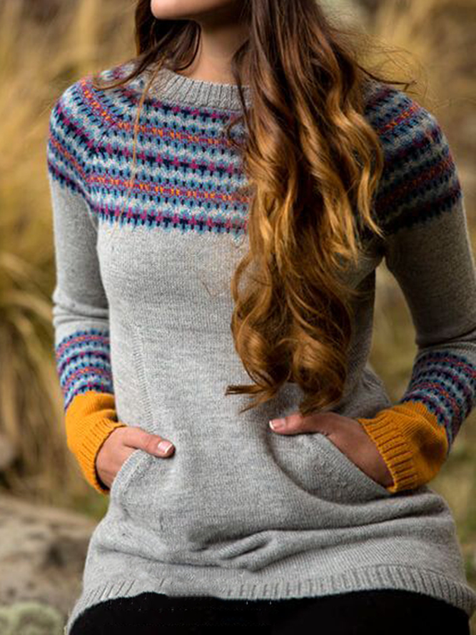 Gray Cotton-Blend Crew Neck Casual Striped Sweater