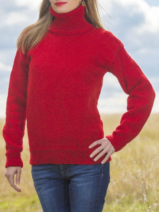 Red Long Sleeve Casual Turtleneck Plus Size Sweater