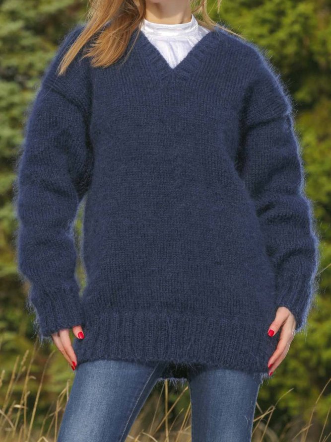 Blue Long Sleeve Knitted V Neck Plus Size Sweater