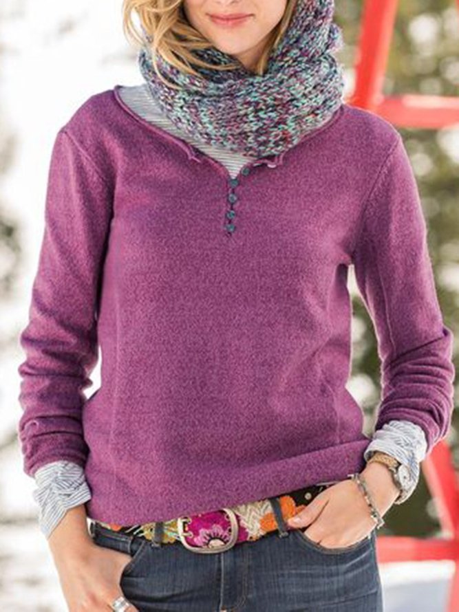 Purple Cotton-Blend Long Sleeve Sweater