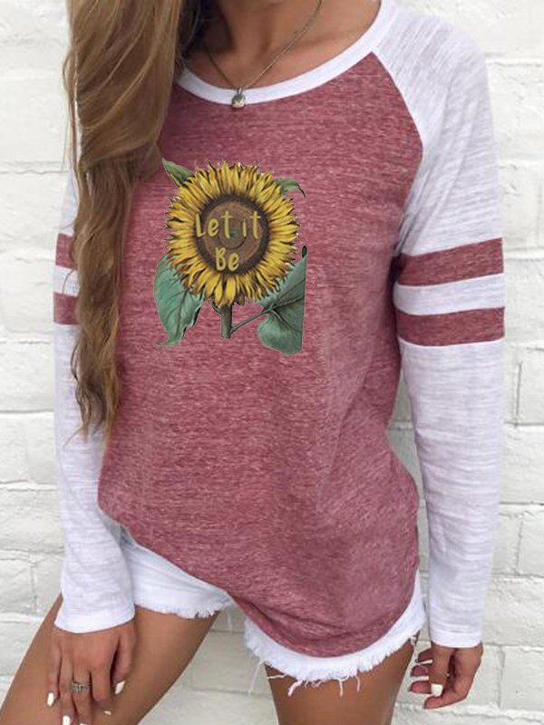 Women Long Sleeve Round Neck Acrylic Floral T-shirt