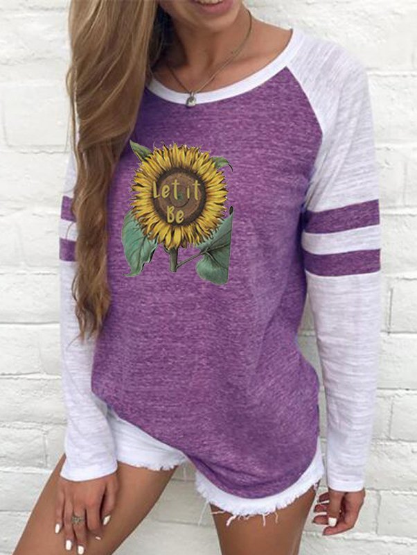 Women Long Sleeve Round Neck Acrylic Floral T-shirt