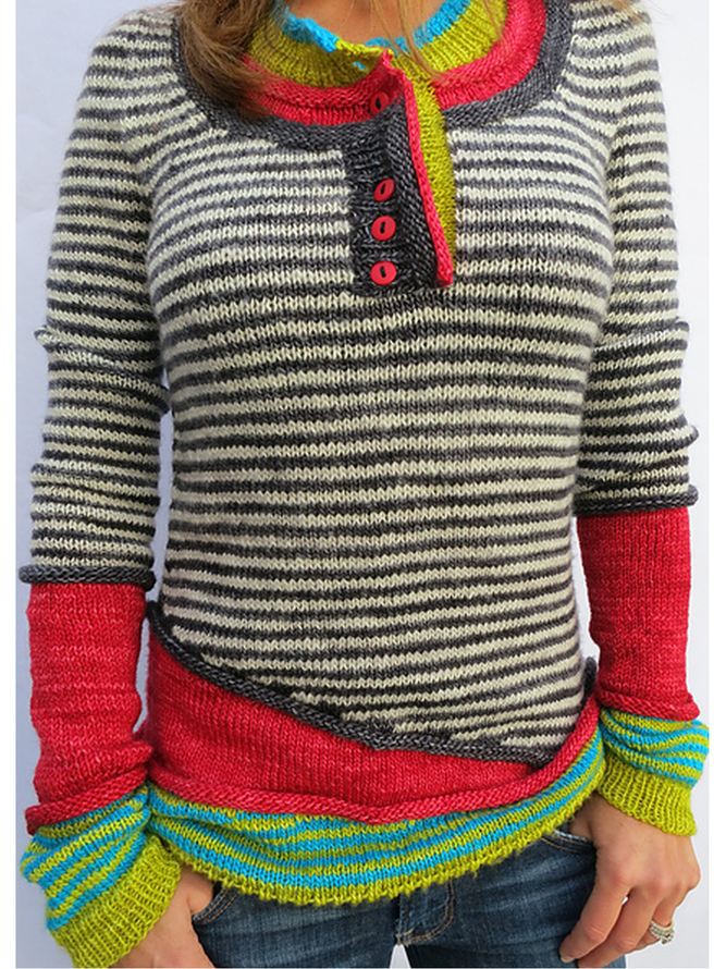 zolucky Red Wool Blend Long Sleeve Striped Paneled Sweater
