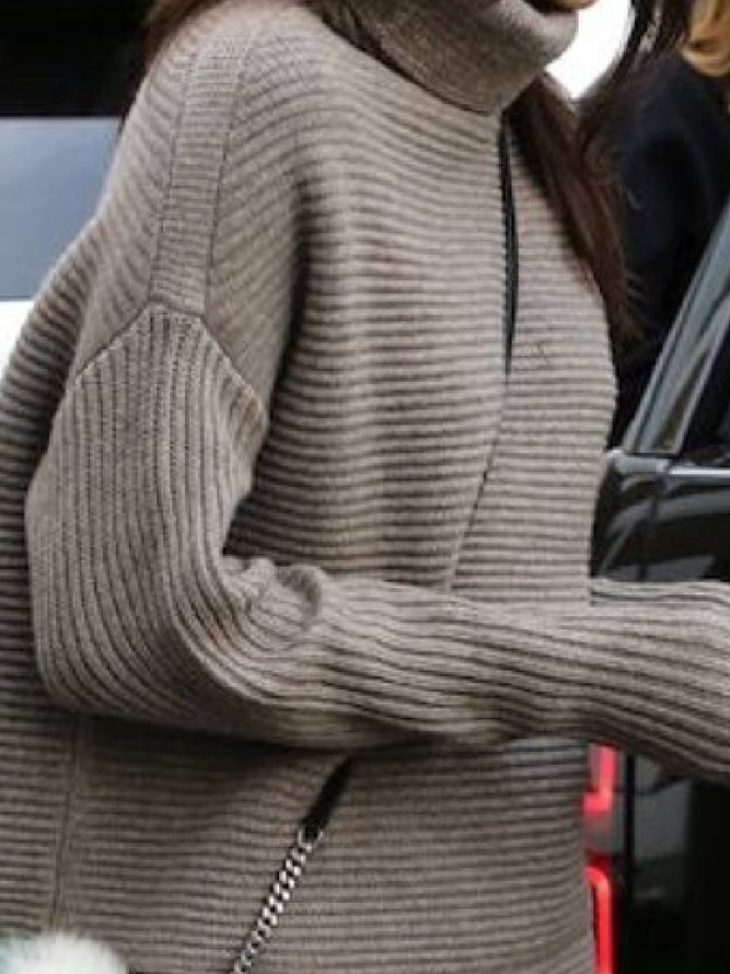 Khaki Asymmetric Long Sleeve Knitted Plain Sweater