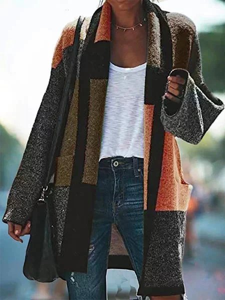 zolucky Color-block Boho Shawl Collar Patchwork Trench coat