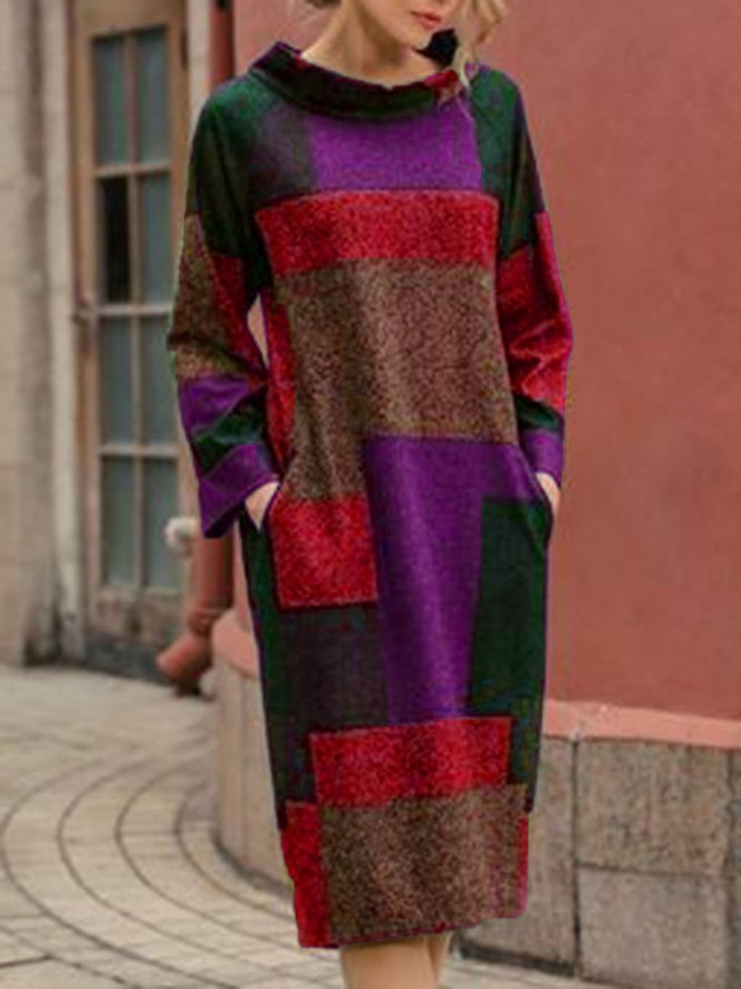 Women Pockets Stand Collar Geometric Sweater Dress