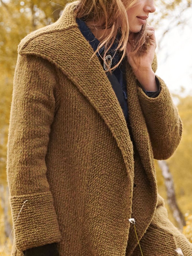 Solid Color Lapel Knitted Long Sleeve Jacket