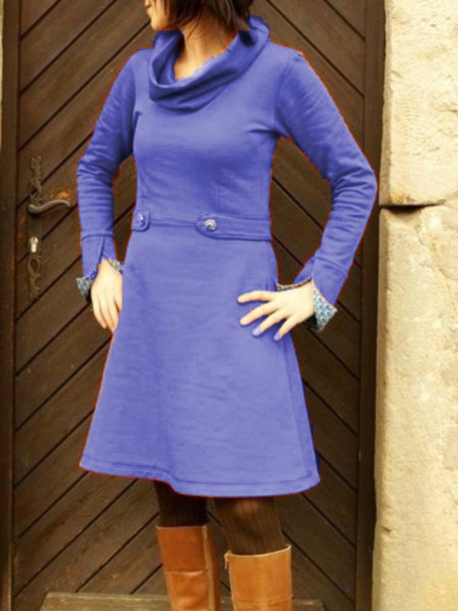 zolucky Long Sleeve Cotton-Blend Plain Knitting Dress