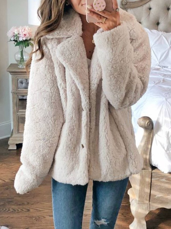 White Solid Long Sleeve Plus Size Fluffy Warm Coat