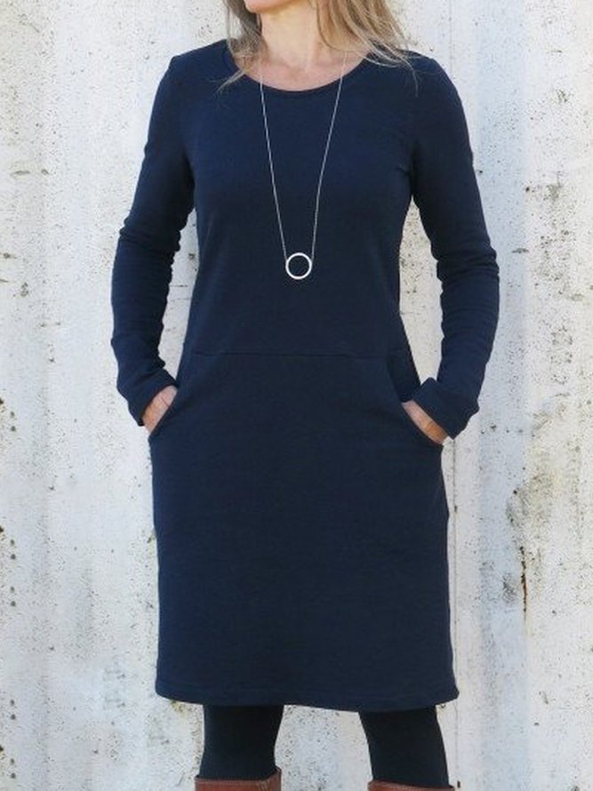 Cotton-Blend Solid Long Sleeve Crew Neck Casual Knitting Dress